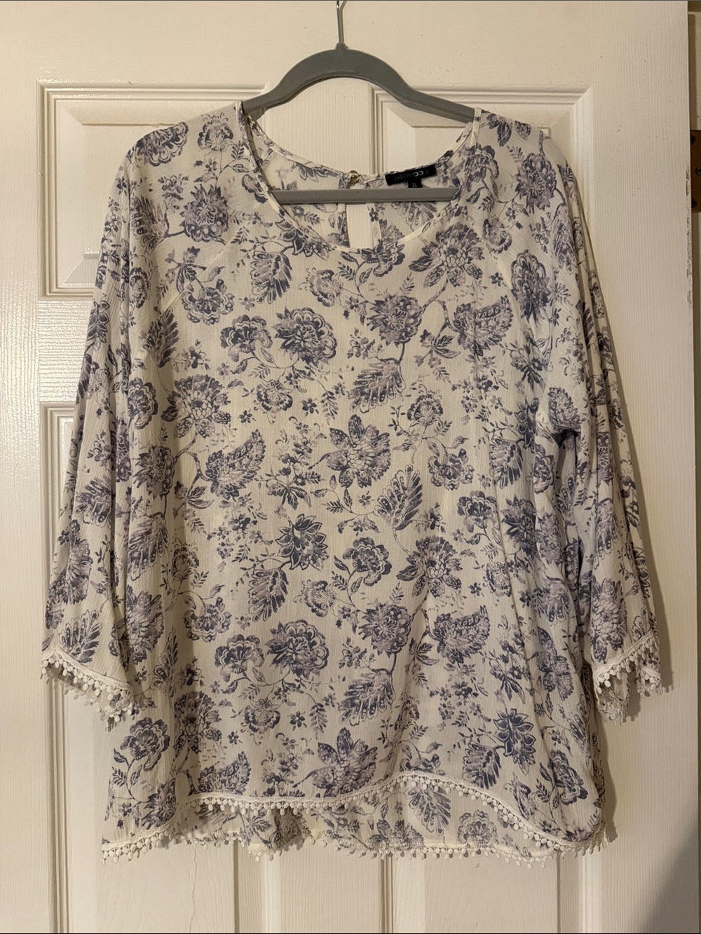Papermoon Cream Blouse with Blue Floral Print and Lace Trim